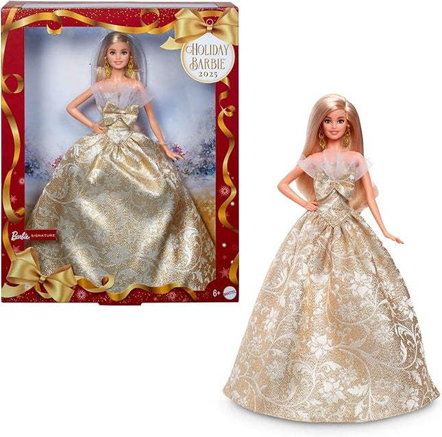 Barbie Signature 2025 Holiday Blonde Fashion Doll Wearing Silver & Gold Gown, Seasonal Collector in Displayable Packaging & Stand