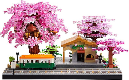 Architecture, Japanese Sakura Tree Class Train Station Cherry Blossom Tree Building Block Model Kit 3668 PCS for Adults and Kids, Classical Building Micro Blocks Set,Mini DIY Assembly Toy