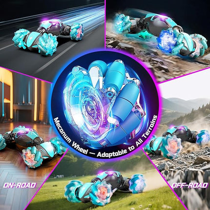 Gesture Sensing Remote Control Car, 2.4GHz 4WD RC Drift Stunt Hand-Controlled Cars for Boys Age 8-12, All-Terrain Off-Road Twist Toys with Lights Music for Christmas Birthday Gifts (Blue)