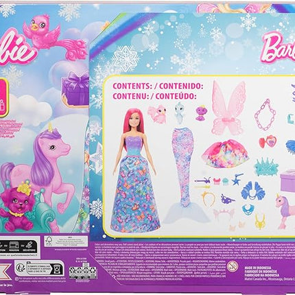 Barbie Advent Calendar with Doll & 24 Surprise Accessories Including Unicorn & 3 Pets, Transform Pink-Haired Fashion Doll into Mermaid, Fairy & More