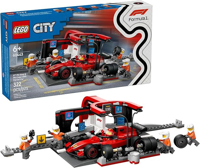 LEGO City F1 Pit Stop & Pit Crew with Ferrari Car Toy - Model Race Car Toy Building Playset for Kids - F1 Collectible for Fans - 6 Year Old Boy & Girl Birthday Gift - 60443