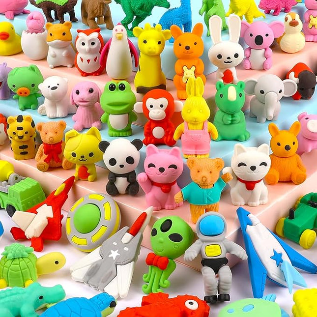Moosia 60 Pack Animal Pencil Erasers for Kids, 3D Mini Puzzle Take Apart Erasers, Desk Pets & Treasure Box Toys, Bulk Party Favors, Classroom Prizes, School Supplies, Gift for Boys & Girls