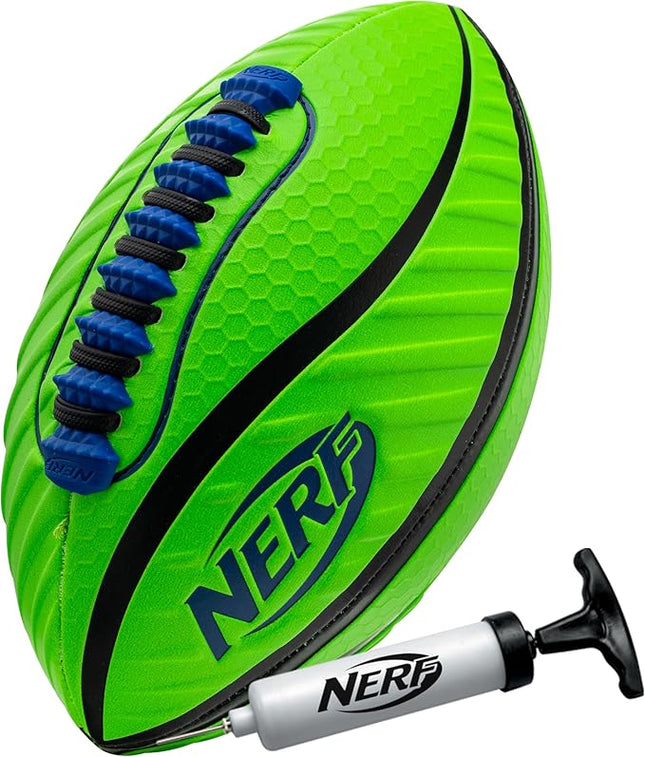 Nerf Spiral Grip Footballs - Patented Spacelace for Ultimate Spirals - Machine Stitched Construction - Pump Included - Junior or Mini - Blue/Orange or Green/Black