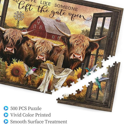 Highland Cow Jigsaw Puzzles 500 Pieces for Adults, Farm Animal & Sunflowers Country Scene, Rustic Window View Wooden Puzzle, Relaxing Nature Art & Farmhouse Decor Gift
