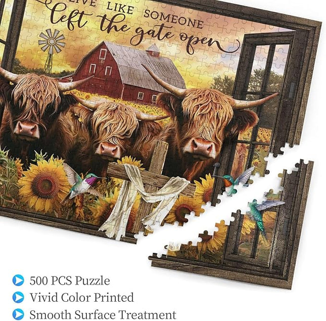 Highland Cow Jigsaw Puzzles 500 Pieces for Adults, Farm Animal & Sunflowers Country Scene, Rustic Window View Wooden Puzzle, Relaxing Nature Art & Farmhouse Decor Gift