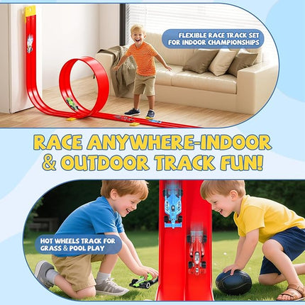 13 Ft Flexible Race Car Track Compatible with Hot Wheels and Diecast 1:64th Cars,Classic Long Rolls Up Portable Racetrack Roll Up Race Track, Birthday Gifts for Boys Girls Ages 3-12, Red