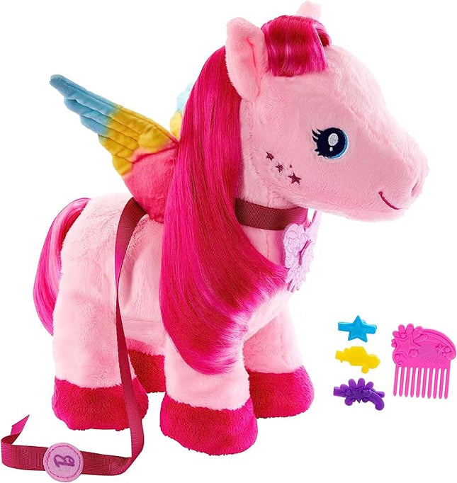 Mattel Barbie A Touch of Magic Stuffed Animals, Walk & Flutter Pegasus Plush Toy, 11-inch Walking Plushie with Hair Accessories & Sound Feature