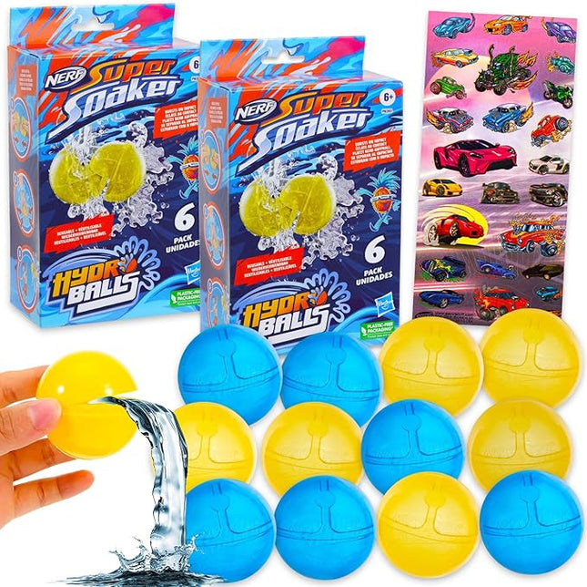 Nerf Super Soaker Hydro Ball Set - Bundle of 12 Nerf Super Soaker Refillable Balls for Pool, Backyard Play and Stickers | Reusable Water Balloon Pack