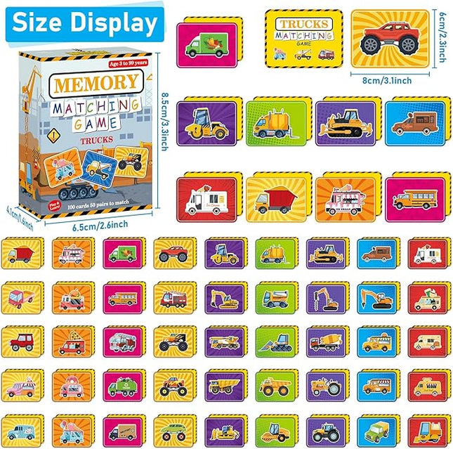 gisgfim 50 Pairs Memory Matching Game Trucks Concentration Memory Card Games for Kids Preschool Educational Ages 3-8 A Fun & Fast Vehicle Theme Matching Games