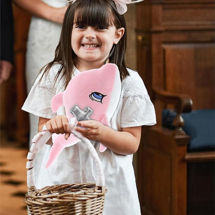 DolliBu Pink Dolphin Stuffed Animal with Silver Cross Plush - Religious Baptism Gifts for Boys and Girls, Dedication Christening Gifts Plush Prayer Toy, Healing Stuffed Animal Toy - 12 Inches