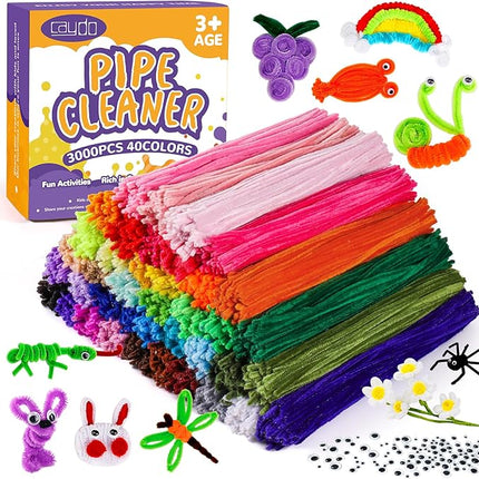 Caydo 3000 Pieces Pipe Cleaners 40 Assorted Colored Chenille Stems with 100 Pieces Wiggle Eyes for Art and Crafts and Valentine's Day Decorations (6 mm x 12 inch)