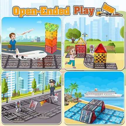 Magnetic Tiles Kids Construction Toys - Road Set with Magnet Crane for Boys Age 3-5 4-8 8-10, Magnet Building Blocks Expansion Pack Toy Car Track Train Set, Road, Dolls, Traffic Lights and Stations