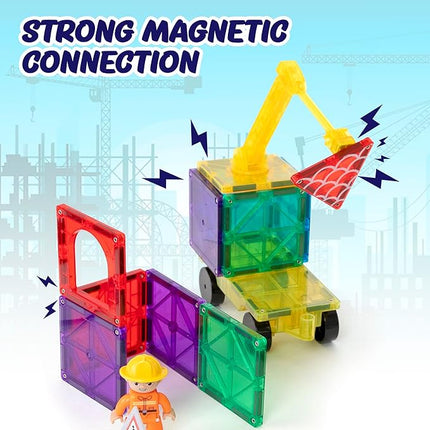 Playmags City Construction Magnetic Tiles Set, Building Blocks with Crane & Road Pieces, Educational STEM Toys for Boys & Girls Ages 3+ 52-Piece