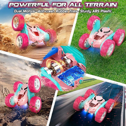 RC Cars, Pink Remote Control Car for Girls, 2.4 GHZ Double Sided RC Stunt Car 360 Rotating Remote Control Cars with Headlights Toys for 6 7 8 9 10 11 12 Girls Birthday Gift