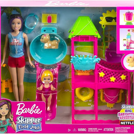 Barbie HKD80 First Jobs Skipper Set, Doll, Water Park with Functional Water Slide, Puppy Sprinkler and More Than 5 Accessories, Children's Toy from 3 Years
