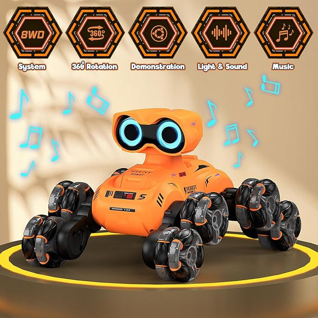 Robot Toy, 8 Wheels Stunt Robot Toys with 2.4Ghz, Auto-Demonstration, 360° Rotation, LED Eyes，Easy Kid-Friendly Controls for Indoor/Outdoor Play, Gifts and Toys for Kids Aged 8-13, Orange