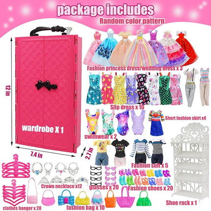 108 Pcs Doll Clothes and Accessories with Closet Wardrobe for 11.5 Inch Doll, Wedding Gowns Dresses Swimsuits Hangers Necklace Bags, Birthday for 4 5 6 7 8 9 10 11 12 Year Old Girl