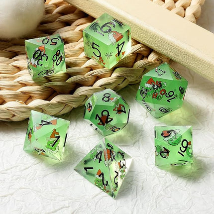 DNDND Full 7 Piece Sharp Edge Dice Set with Carton Stickers for Dungeons and Dragons D&D Table Games (Green with Carton)