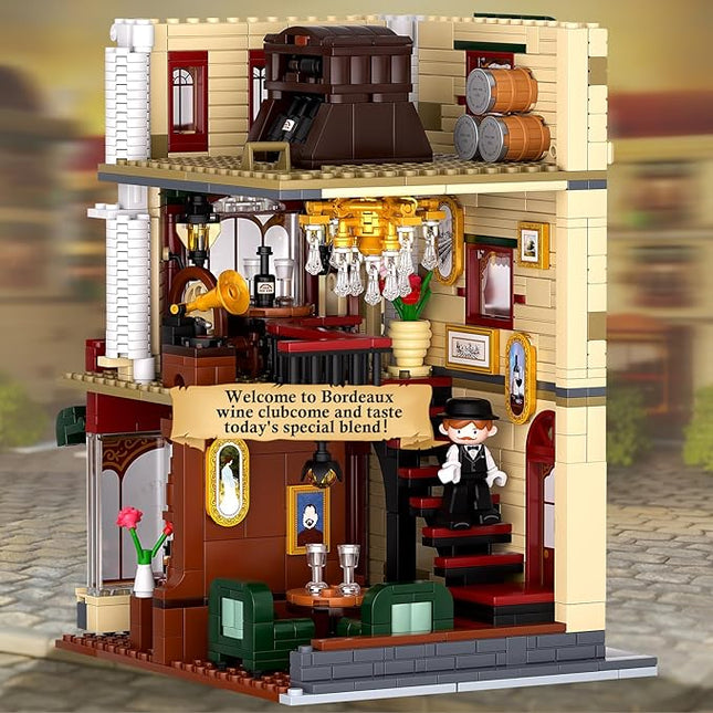 Bordeaux Wine Club Construction Building Set with LED Lights, City Town Winery Chateau House Building Kit, Vintage Collectible Model, Creative Christmas Birthday Gift for Adult Teen,1524 Pcs