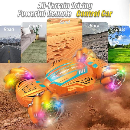 Gesture Sensing RC Stunt Car-Best Gifts for Boys 6-12 Years Old,2.4GHz 4WD Remote Control Twist Car with 360° Rotation, Music & Cool Lights,Off-Road Vehicle with Dual Batteries (Blue)