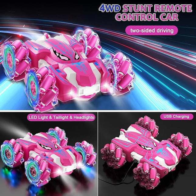 Remote Control Car for Girls, Rechargeable RC Cars Toys with Cool Lights, 2.4Ghz Double Sided Drift RC Stunt Cars, 360°Rotating 4WD Off-Road Race Car for 4-6 6-12 Girl Kids Gifts