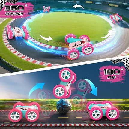 RC Cars, Pink Remote Control Car for Girls, 2.4 GHZ Double Sided RC Stunt Car 360 Rotating Remote Control Cars with Headlights Toys for 6 7 8 9 10 11 12 Girls Birthday Gift