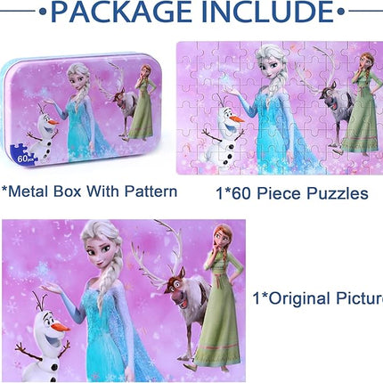 LELEMON Pretty Girl Puzzles for Kids Ages 4-6, Snowman 60 Piece Puzzles for Kids Ages 3-5,Children Jigsaw Puzzles in a Metal Box,Educational Learning Puzzle Toys for Girls and Boys