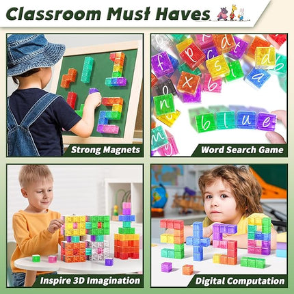 Magnetic Blocks Building Toys - Transparent Rainbow Magnetic Cubes Set, Outdoor Sensory Autism STEM Toys Gifts for Kids Aged 3+ Year Old Boys & Girls
