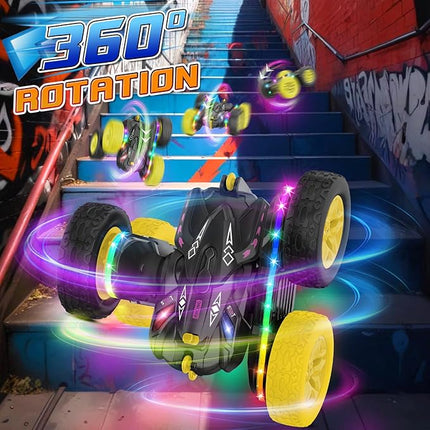 Remote Control Car,RC Cars with Sides Light Strip and Headlights,Double Sided 360 Flips Rotating RC Stunt Car,2.4Ghz All Terrain Toys for Ages 4-8 Kids Toy for Boys Birthday Gift(Black)