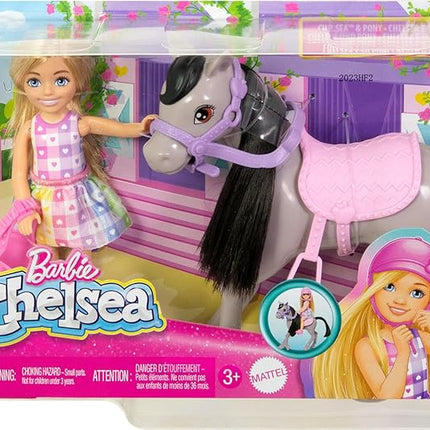Barbie Chelsea Doll & Toy Horse Set, Includes Helmet Accessory & Saddle, Small Doll Bends at Knees to “Ride” Gray Pony