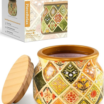 PieceRelax 3D Puzzle Jar 64 Plastic Pieces for Adults - Daisy Breeze Wooden Lid Container for Kitchen Dining Study Living Room No Glue Requied Small [BC1025]
