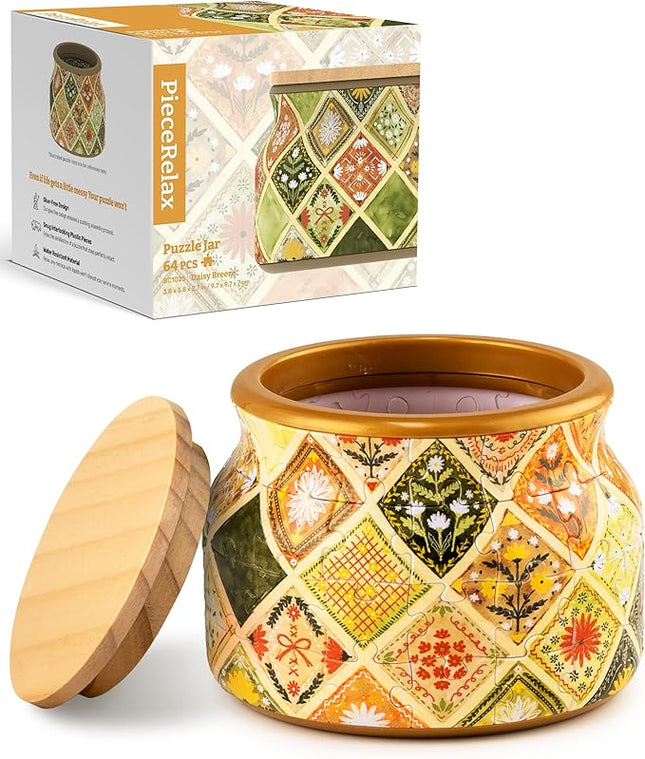 PieceRelax 3D Puzzle Jar 64 Plastic Pieces for Adults - Daisy Breeze Wooden Lid Container for Kitchen Dining Study Living Room No Glue Requied Small [BC1025]