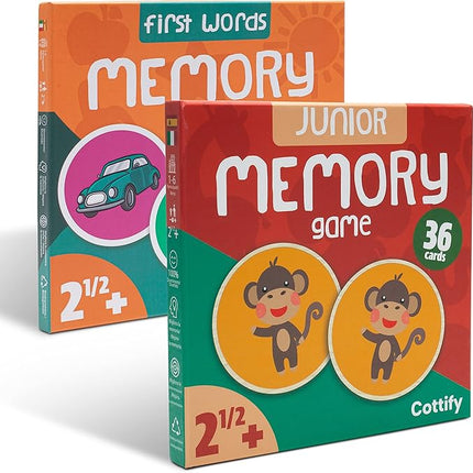 Cottify 2-Pack Wooden Memory Matching Game for Toddlers for Toddlers 3-5 Years, Durable, Toddler Memory Game for Kids 3 and up, Toddler Matching Toy, First Words and Animals, 72 Cards