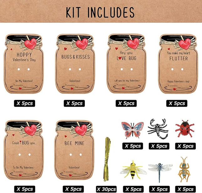 Valentines Day Gifts for Kids - 30 Pack Love Bug Card Bulk 6 Different Bugs Toy - Funny Greeting Valentine Exchange Cards for Boys Girls School Class Classroom Party Favors