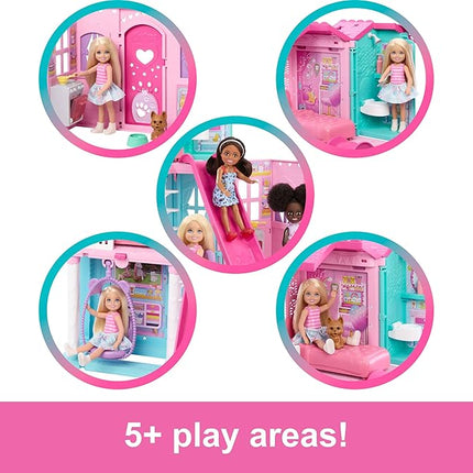 Barbie Chelsea Toy Dollhouse with 15+ Accessories, Pop-Up House Expands to 17+ x 13+ inches with 5 Play Areas & Slide, Includes Small Doll & Pet Dog