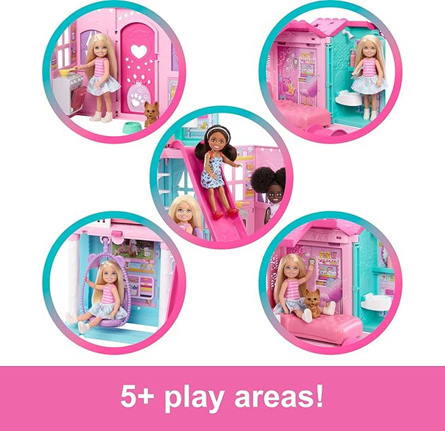 Barbie Chelsea Toy Dollhouse with 15+ Accessories, Pop-Up House Expands to 17+ x 13+ inches with 5 Play Areas & Slide, Includes Small Doll & Pet Dog