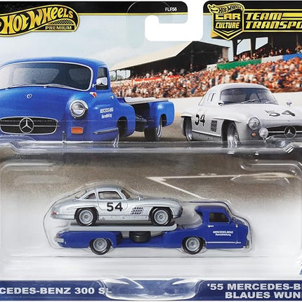 Hot Wheels Team Transport Culture Die-cast Cars, Mercedes-Benz 300 SL, MB Blaues Wunder Flatbed Truck, 1:64 Scale Model