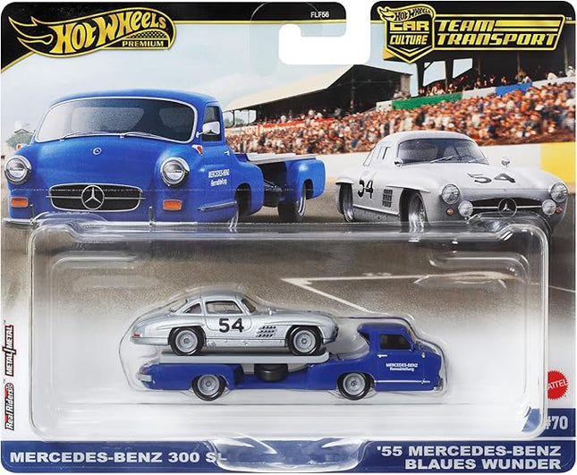 Hot Wheels Team Transport Culture Die-cast Cars, Mercedes-Benz 300 SL, MB Blaues Wunder Flatbed Truck, 1:64 Scale Model
