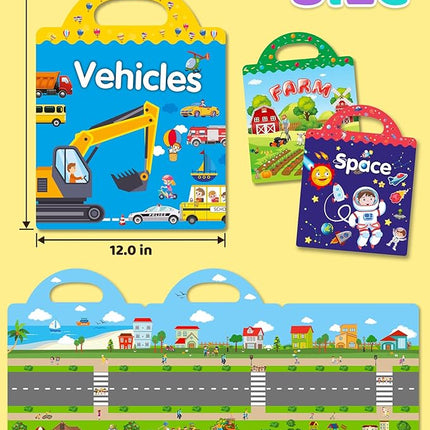 Benresive Reusable Sticker Books for Kids 2-4, Sticker Books for Toddlers 1-3 2-4, Toddler Travel Toys Activities Crafts Gifts - Farm, Space and Vehicle