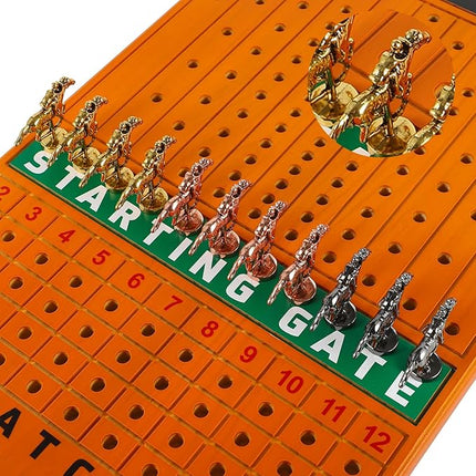 Large 21 inches Horse Racing Board Game with 11 Luxury Metal Horses, Thickened Wood Finish Line, Race Game Including Dices and Cards (Red Peach, Oval)