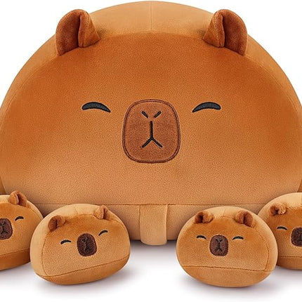 5 PCS Capybara Plush Stuffed Animal Family-19" Large Round Capybara Plush, Large Mommy Plushies with 4 Baby Plushie Toy for Kids, Kawaii Body Pillow Christmas Birthday Gifts for Kids Boys Girls