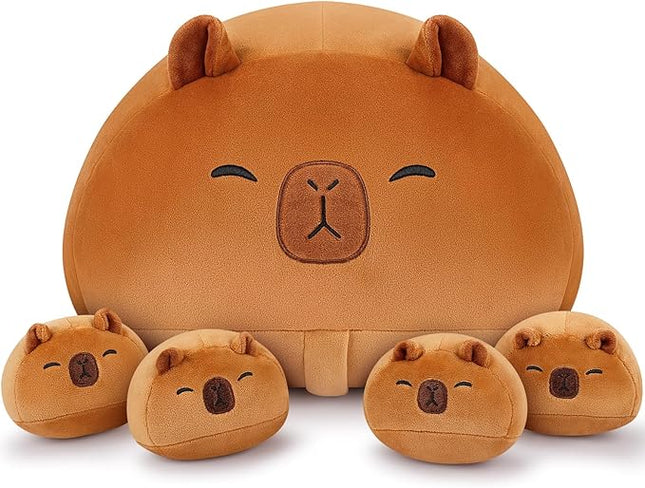 5 PCS Capybara Plush Stuffed Animal Family-19" Large Round Capybara Plush, Large Mommy Plushies with 4 Baby Plushie Toy for Kids, Kawaii Body Pillow Christmas Birthday Gifts for Kids Boys Girls