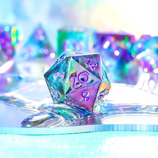 YEMEKO Laser Liquid Core DND Rainbow Dice Set for Dungeons and Dragons with Iridescent Iconic Coating, Polyhedral Dice with Resin Sharp Edge for RPG, MTG Table Games（Purple Teal）