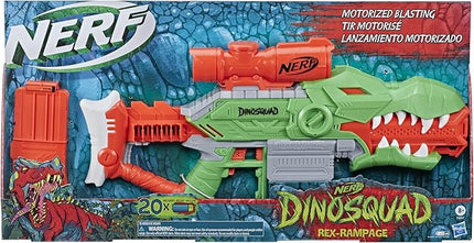 Nerf DinoSquad Rex-Rampage Motorized Dart Blaster, 10-Dart Clip, 20 Official Darts, 10-Dart Storage- T-Rex Dinosaur Design, Red