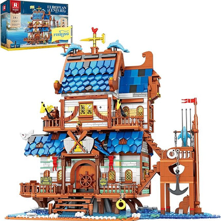Reobrix Medieval Fishing Store Lighting Building Block Sets for Adults, Medieval Architecture Display or Home Office Decor, Creative Construction Building Kits 66007, Idea Gift for Adults