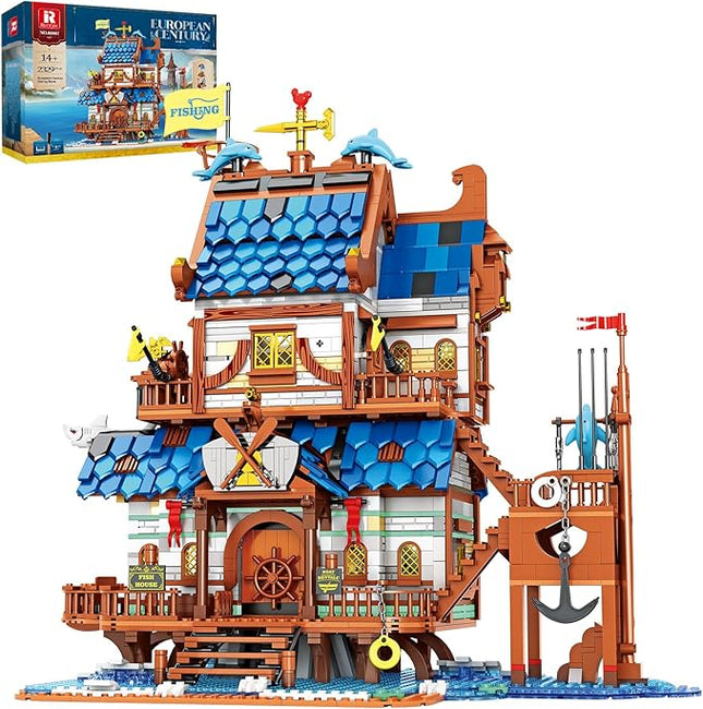 Reobrix Medieval Fishing Store Lighting Building Block Sets for Adults, Medieval Architecture Display or Home Office Decor, Creative Construction Building Kits 66007, Idea Gift for Adults