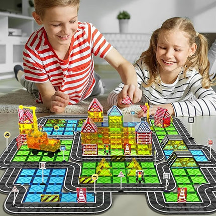 Magnetic Tiles Road Set Kids Toys, Magnetic City Construction Toys with Magnet Crane for 3+ Year Old Boys Girls, STEM Magnet Blocks Building for Kids Ages 3-5 4-8