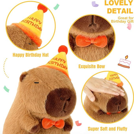 Ditucu Cute Capybara Plush with Happy Birthday Hat Bow Soft Capibara Stuffed Animal Plushies Toys for Birthday Gifts Party Decoration for Kids Brown 9 inch