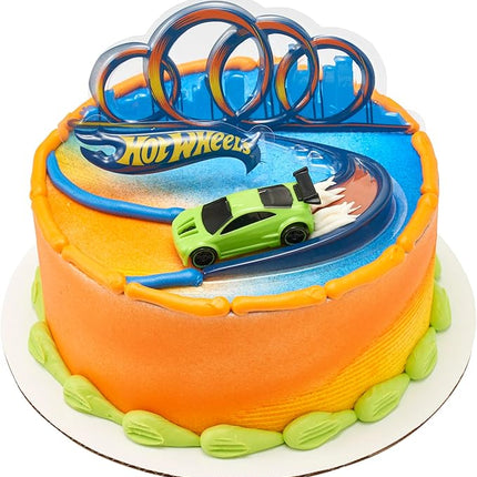 DecoSet® Hot Wheels Drift Birthday Cake Decorations, 2-Piece Topper with Race Car and 3D Racetrack Plaque, Create Action-Packed Racing Cakes for Birthdays and Parties