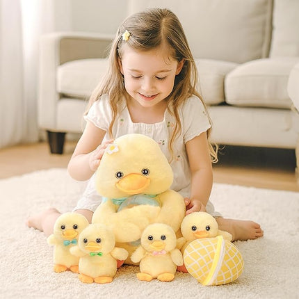 IKASA Mommy Duck Stuffed Animal Mom and Baby Plush Toy, Cute 13.5 inches Soft Small Mama Family Set Cuddly Toy with Little Mini Babies,Gifts for Kids